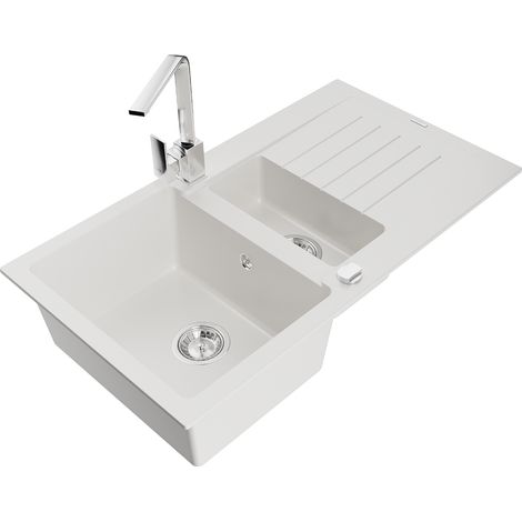 Mexen Matias lavello in granito 1,5 vasche con sgocciolatoio e miscelatore cucina Rita, bianco - 6502-20-670300-00 (1/5)
