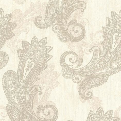Neutral Paisley Vinyl Wallpaper Cream Taupe Teardrop Pattern Feature Wall