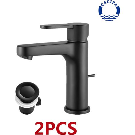 2PCS Mitigeur de lavabo avec poubelle pop-up Robinet de salle de bain avec levier de vidange robinet ordinaire Noir (1/5)