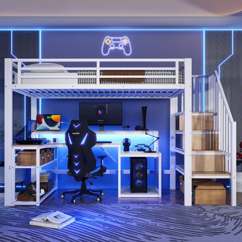 Lit mezzanine 90 x 200 cm, cadre en fer, tablette de rangement, escalier avec rangements, barrière de sécurité, bande lumineuse LED, bureau, avec port USB, sans matelas, blanc (1/5)