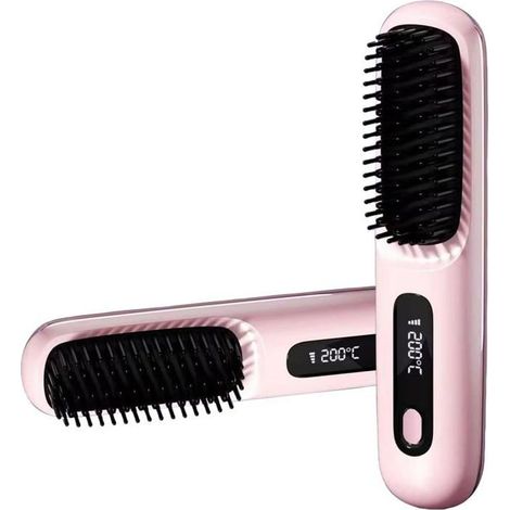 Piastra per capelli 2 in 1 con ioni negativi, spazzola lisciante senza fili, mini piastra portatile, pettine lisciante riscaldato, rosa (1/5)