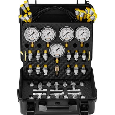Kit de test de pression hydraulique 10-600 bar avec 5 manomètres, 13 raccords, 14 connecteurs en T et 5 tuyaux, valise incluse (1/5)