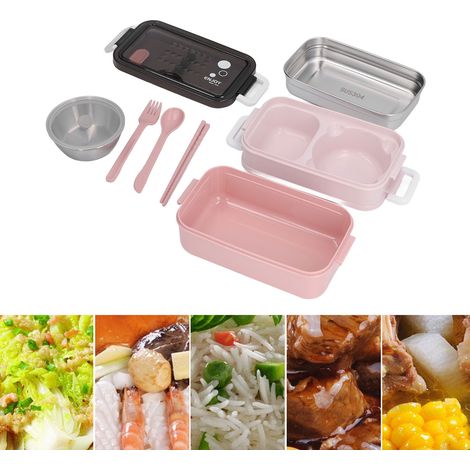 Doppelwandige, isolierte Lunchbox aus Edelstahl 304, tragbare Bento-Box für Büroangestellte und Studenten, korallenrosa + 200-ml-Suppenschüssel aus Edelstahl 304 (1/5)