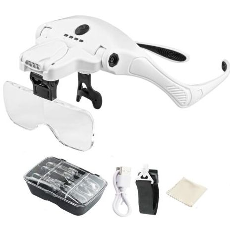 RHG Loupe avec bandeau éclairé par LED 5 lentilles détachables 1.0X-3.5X Loupe interchangeable Lunettes Loupe 2 niveaux Outil d'augmentation de la luminosité pour PCB Montre Bijoux Travail de près (1/5)