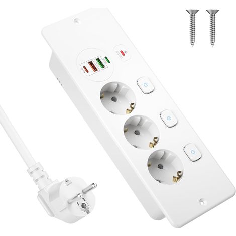 Multiprise encastrable avec port USB-C PD 20 W, 3 prises commutables individuellement, câble de 2 m, idéale pour table de conférence, plan de travail ou établi, blanche. (1/5)
