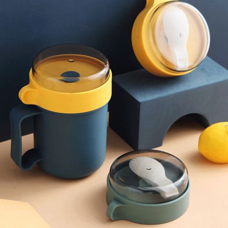 Isolierbecher (500 ml) mit Löffel – Tragbarer Suppenbehälter für Büro und Schule, Blau