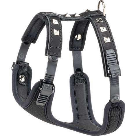 Ferplast GIOTTO LUXOR BLACK P Pettorina in pelle naturale nera con borchie - 3 misure. Variante SMALL - Misure: A: 31-39 cm B: 44-52 cm - Nero