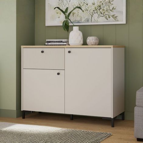 Madia Unit 2 ante e 1 cassetto cannettato L 103.1 x P 41.9 x H 79 cm. colore cashmere con top rovere