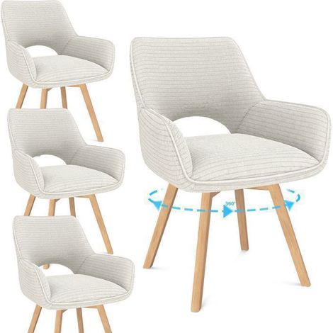 Lot de 4 chaises pivotantes avec accoudoirs – Rembourrées en velours beige – Hauteur d’assise 49 cm – Style scandinave moderne