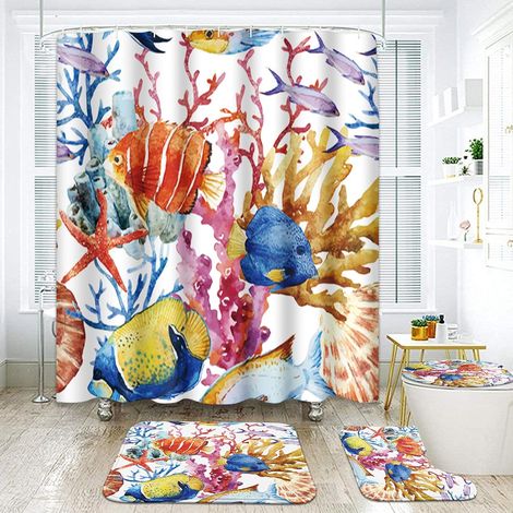 [NUNCA USADO]Juego de 4 cortinas de ducha de verano con alfombras antideslizantes, funda de inodoro y alfombrilla de baño, 183 x 183 cm, juego de decoración para baño (1/5)