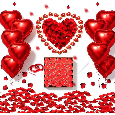 Bougies Romantiques et Pétales,Saint Valentin Décoration,50 Bougies en Forme de Coeur+10 Ballons Coeur Rouges+1000 Pétales de Rose Rouges en Soie,pour Mariage Saint Valentin D'anniversaire Fiançailles