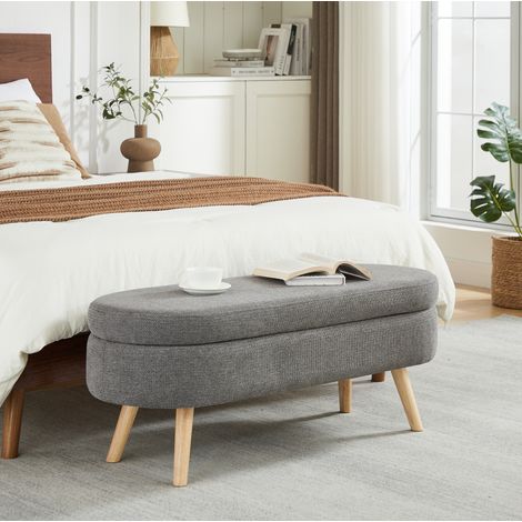 Banco de almacenaje de 110 cm en chenilla gris con arcón, patas de madera, 150 kg HAVRYA (1/5)