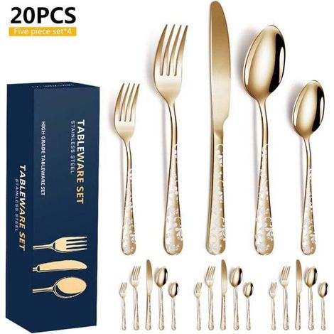Lot de 20 couverts en acier inoxydable poli avec miroir de fleurs comprenant couteau, fourchette, cuillères à café pour cuisine, restaurant, fête (doré) (1/4)