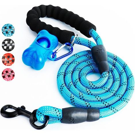Laisse Chien, Laisse Corde pour Chien avec Poignée Rembourrée Douce, Fils Très Réfléchissants, Sacs à Déchets et Distributeur pour Chien, 1,5 m Corde Laisse pour tous les chiens de taille, Bleu (1/4)