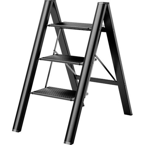 CHICFURN Escalera plegable de 3 peldaños 65 x 45 x 82 cm en aluminio negro antideslizante (1/5)