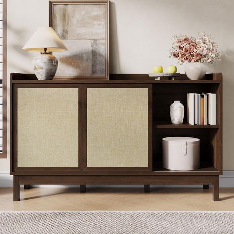 Buffet bas de cuisine 150x39.5x80 cm, meuble de rangement salon et salle, avec 2 portes coulissantes et 2 tiroirs étagères réglables , Naturel (1/5)