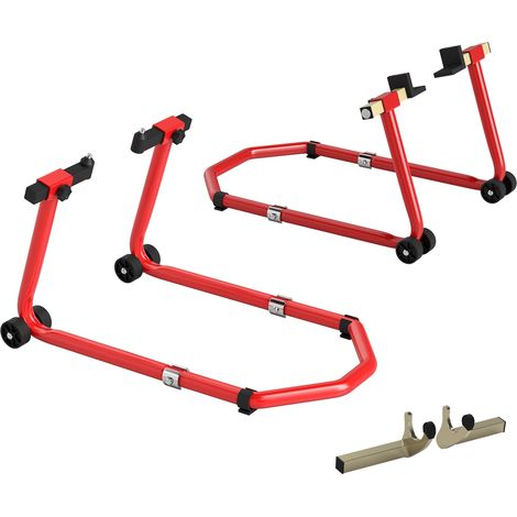 Béquille Moto, Capacité 390 kg, Support Avant et Arrière Réglable avec Fourches U+L, Clips de Serrage, 43x36x64cm, Rouge