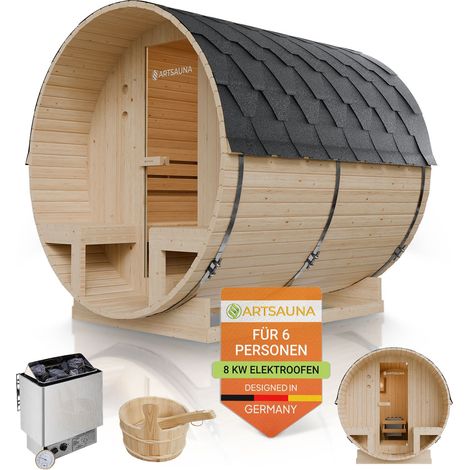 Artsauna Outdoor Fasssauna Spitzbergen 220 mit zwei Bänken - 8 kW Ofen, Saunasteine & Zubehör - Saunafass aus Fichtenholz - Gartensauna - 6 Personen