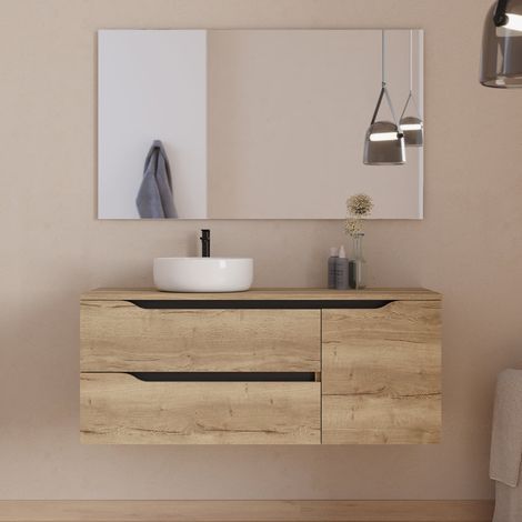 Meuble de salle de bain 120cm avec plateau, vasque à poser déportée à gauche Ares et miroir - 2 tiroirs et un placard - madera miel (bois clair) - ZARZA