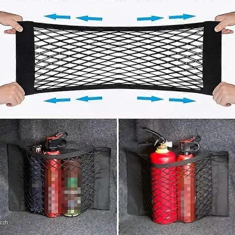 1 sac de rangement universel pour voiture, filet de coffre à double maille, sac de rangement intégré pour voiture, filet de fixation pour extincteur. (1/4)