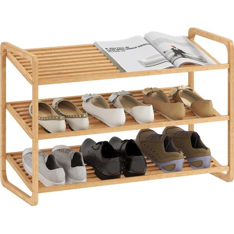 Étagère à chaussures à 3 niveaux pour 12 paires de chaussures, avec étagères à lattes de bambou, 76 x 33 x 50,8 cm, couleur bois