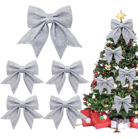 Lot 5 nœuds argentés sapin Noël paillettes 2 tailles (1/5)