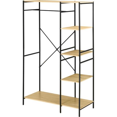 Portant à vêtements en bois massif avec 4 étagères et barre de suspension, capacité 30 kg, pour chambre ou salon, 100x46x170,5 cm, naturel