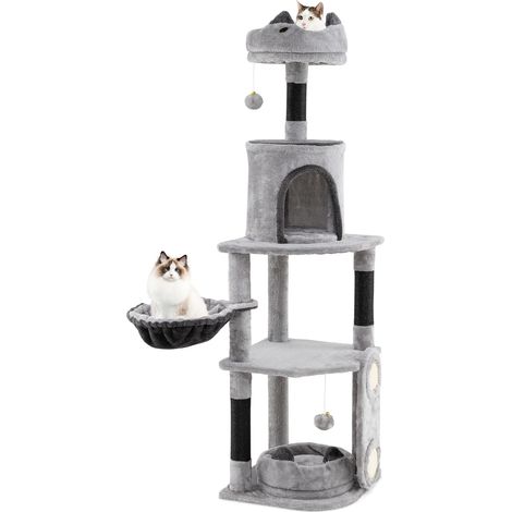 COSTWAY Tiragraffi per Gatti Alto 144 cm, Albero Tiragraffi Gatto con 3 Pali in Sisal, Amaca, 2 Pompom e Grotta, Cuccia Albero Gatto Imbottito in Peluche con Tavola in Sisal, Grigio (1/5)