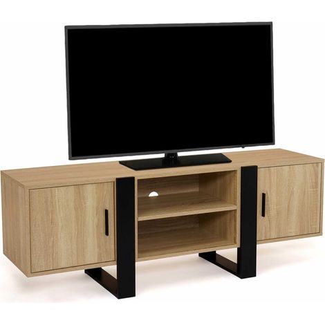Idmarket – Meuble TV 140 cm – 2 portes en bois mélaminé noir – Compatible avec écrans jusqu'à 60 pouces – Rangement pratique et esthétique (1/5)