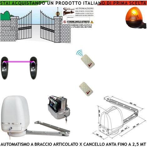 KIT MOTORE A BRACCIO ARTICOLATO 230/24 V CANCELLO AUTOMATICO ANTA BATTENTE DA 0,5 A 2,5 MT CENTRALE RADIOCOMANDI FOTOCELLULE FARO (1/4)