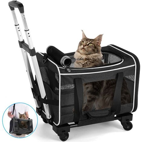 15 kg schwere, rollbare Haustiertragetasche für Katzen und Hunde, Teleskopgriff, Schultergurt, faltbarer Napf, selbstverriegelnder Reißverschluss (1/4)