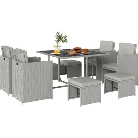 Outsunny 8 Seater Cube Rattan Garden Furniture Dining Set with Cushions Light Grey