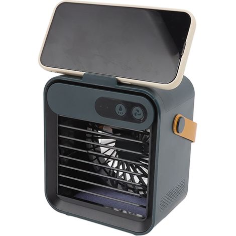 Mini climatiseur de bureau 3 vitesses à ventilation puissante, multifonctionnel, avec miroir et support pour téléphone portable, idéal pour la maison (vert). (1/5)