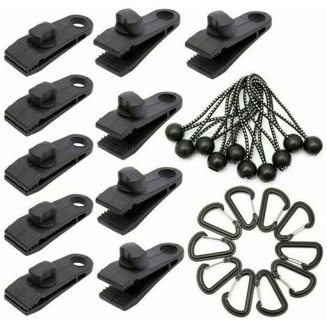 Nazalus-Hot Sale-Packung mit 10 Planen-Befestigungsklammern mit 10 Bungee-Seilen mit Kugel für Markisen, Verriegelungsklammern, Planenklammern, Kunststoff-Linoleum-Zelttuchklammern für Markisenplanen,