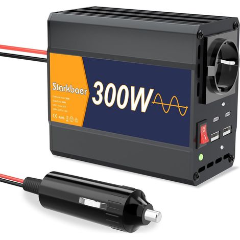 Convertisseur Voiture 12V 230V Pure Sinus 300W Onduleur Allume-Cigare USB Onduleur avec Prise Allume-Cigare, 4 Ports USB (1/5)