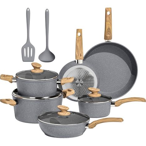 Lot de 12 Casseroles et Poêles, Gris Revêtement Anti-adhésif, Avec couvercle, Casseroles et Poêles pour Induction, Cuisinières à Gaz et Micro-ondes (1/5)