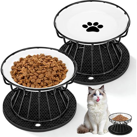 2 Pièces Gamelle Chat Surélevée, Support En Métal, Bol En Céramique, Tapis Antidérapant, Pour Chien Et Chat