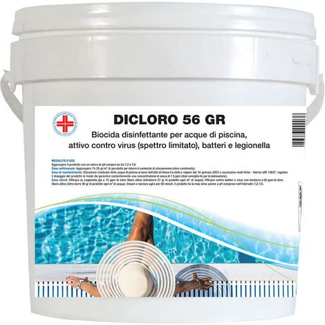 Dicloro Granulare 56 gr per piscina (10 Kg) - Per la disinfezione dell’acqua: Contine un agente clorante stabilizzato per trattamenti shock e recupero acque deteriorate (1/5)