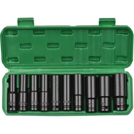 Satz mit 10 1/2"-Antriebs-Sechskant-Schlagschraubnüssen, metrische Tiefbettnüsse, 10–24 mm, mit Aufbewahrungskoffer (1/5)