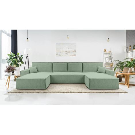 AX LIVING Salbeigrün Sofa U Form mit Schlaffunktion – Cedria U 389cm