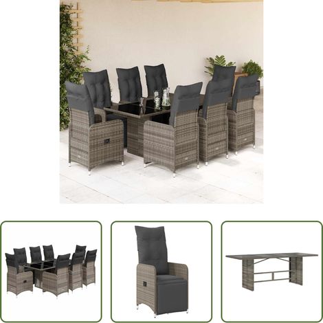 Gartentisch - 9-tlg. Garten-Bistro-Set mit Kissen Grau Poly Rattan (1/5)
