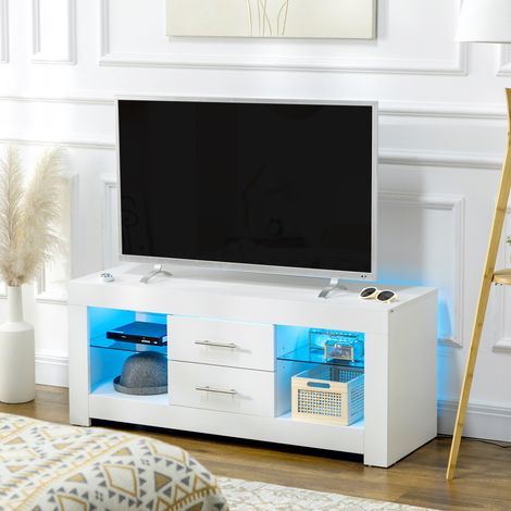 Meuble TV 55 pouces avec éclairage LED 12 couleurs et télécommande, meuble de salon en bois avec étagères en verre, 120 x 40 x 50 cm, blanc (1/5)