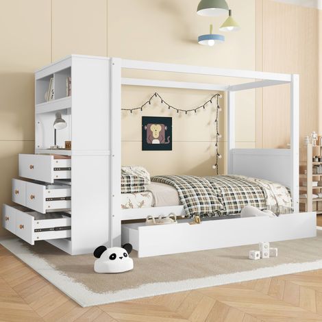 Cama individual infantil (240x94x155.5 cm), con barrera y estantes, con 5 cajones, madera maciza y MDF, blanca (1/5)