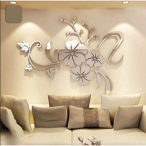 Sticker mural 3D effet miroir, en acrylique argenté, en forme d'hibiscus, pour la décoration du salon. (1/5)