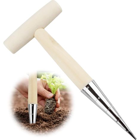 Plantador de bulbos con punta de acero inoxidable, 28 cm Herramientas de madera para plantar bulbos con calibración y mango de madera ligero Herramientas de jardinería para plantar y cultivar bulbos (1/5)