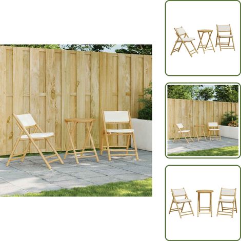 3-tlg. Bistro-Set Klappbar mit Cremeweißen Kissen Bambus - Bambusgartenmöbel - Outdoor-Esstisch - Bistroset - Gartentisch - Gartenstuhl (1/5)