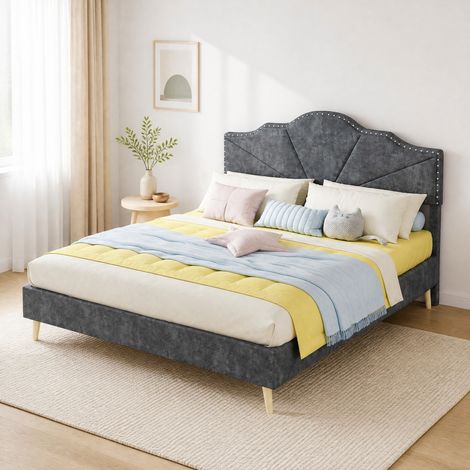 MEUBLIV Cama 160x200 cm gris con cabecero geométrico y somier de láminas, sin colchón (1/5)