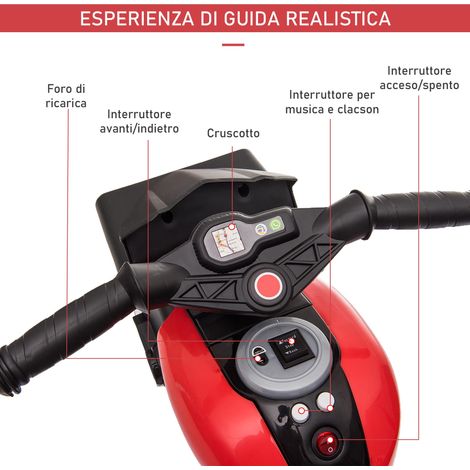 Moto électrique adaptée aux enfants de 3 à 5 ans (poids maximal 25 kg), modèle à trois roues, avec lumières et effets sonores, batterie 6V, rouge, dimensions 86x42x52 cm. (1/5)