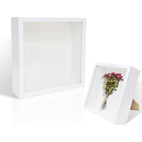 Cadre photo 3D 21,6x21,6 cm, bois profond 5 cm, vitrine pour fleurs séchées, photos, souvenirs, blanc. (1/5)