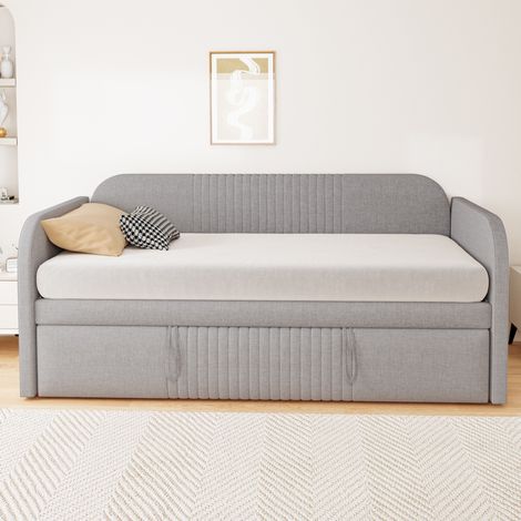 Cama nido 90/180×190 cm en tejido efecto lino gris claro con somier de láminas y función multifunción (1/5)